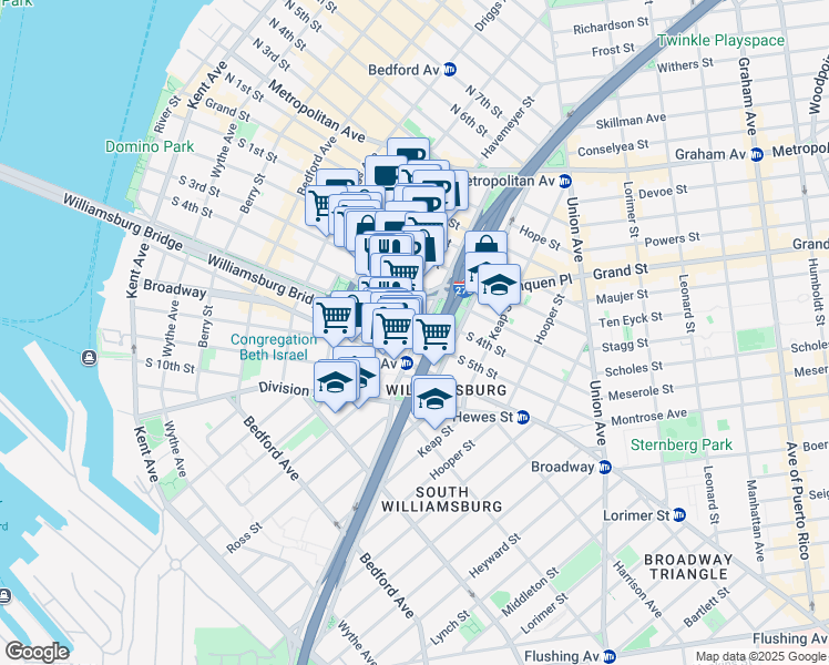 map of restaurants, bars, coffee shops, grocery stores, and more near 253 South 4th Street in Brooklyn