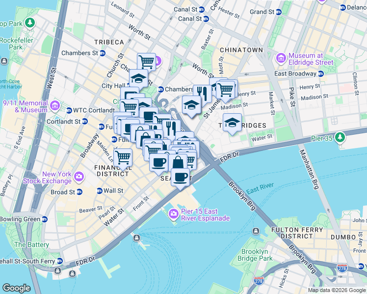 map of restaurants, bars, coffee shops, grocery stores, and more near 100 Gold Street in New York