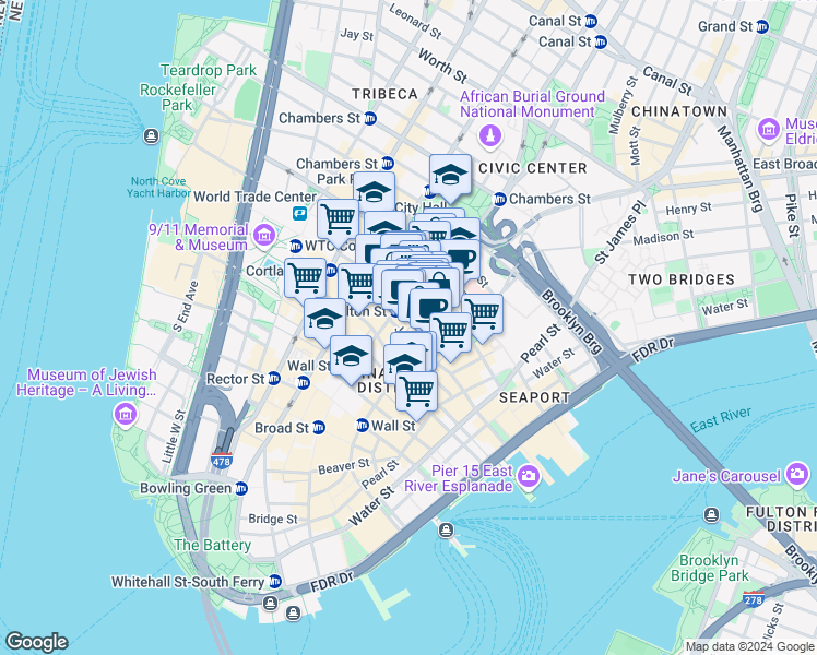map of restaurants, bars, coffee shops, grocery stores, and more near 119 Fulton Street in New York