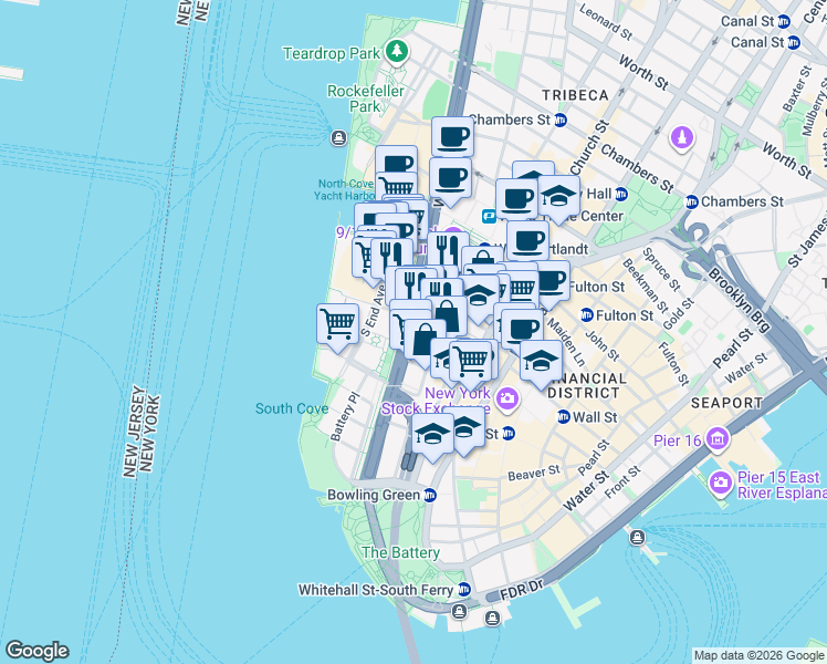 map of restaurants, bars, coffee shops, grocery stores, and more near 90 West Street in New York