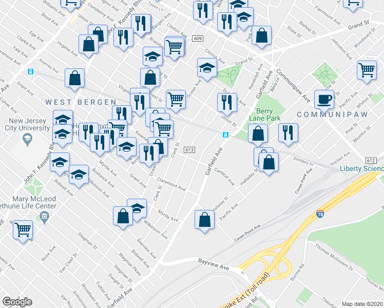 map of restaurants, bars, coffee shops, grocery stores, and more near 190 Clerk Street in Jersey City