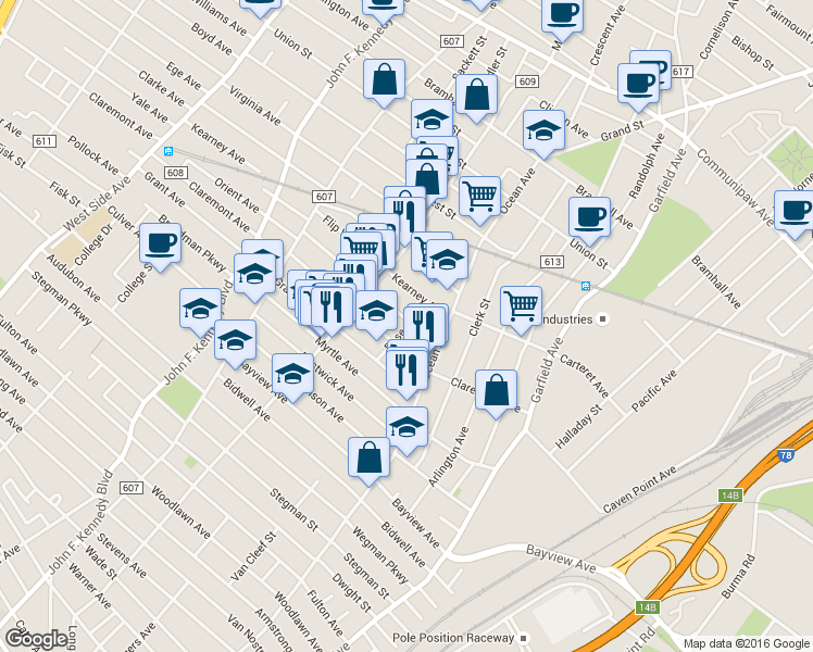 map of restaurants, bars, coffee shops, grocery stores, and more near 455 Rose Avenue in Jersey City