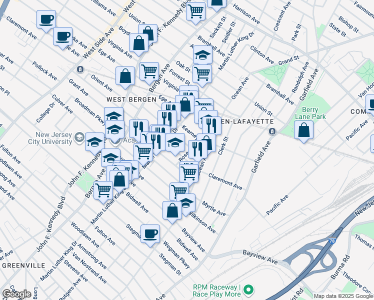 map of restaurants, bars, coffee shops, grocery stores, and more near 53 Orient Avenue in Jersey City