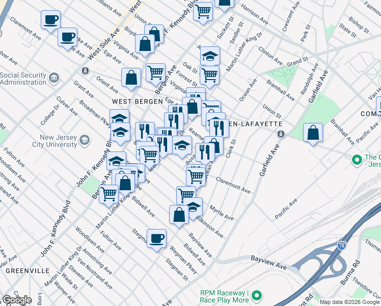 map of restaurants, bars, coffee shops, grocery stores, and more near 53 Orient Avenue in Jersey City