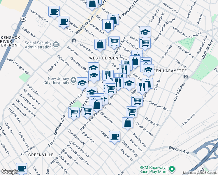 map of restaurants, bars, coffee shops, grocery stores, and more near 114 Grant Avenue in Jersey City