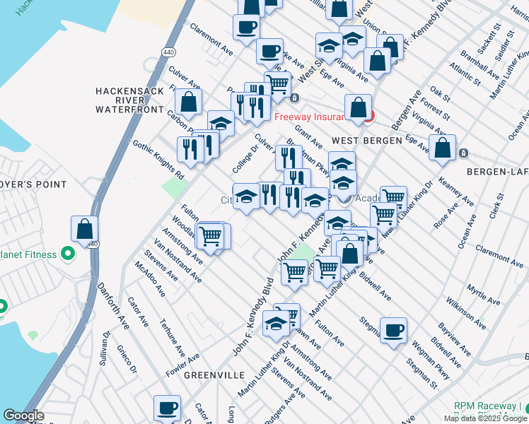 map of restaurants, bars, coffee shops, grocery stores, and more near 12 College Street in Jersey City