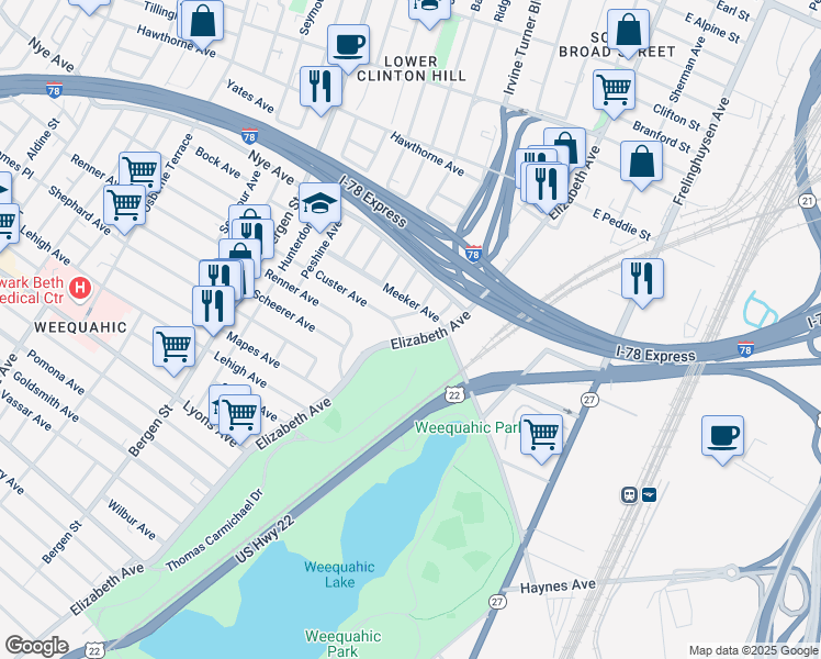 map of restaurants, bars, coffee shops, grocery stores, and more near 243-245 Meeker Avenue in Newark