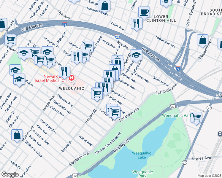 map of restaurants, bars, coffee shops, grocery stores, and more near 996 Bergen Street in Newark
