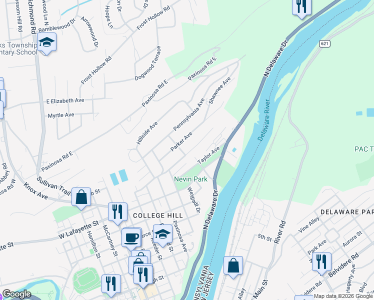 map of restaurants, bars, coffee shops, grocery stores, and more near 125 Parker Avenue in Easton