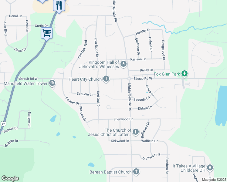map of restaurants, bars, coffee shops, grocery stores, and more near 1808 Sawmill Place in Mansfield