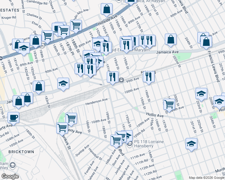 map of restaurants, bars, coffee shops, grocery stores, and more near 190-06 Hollis Avenue in Queens