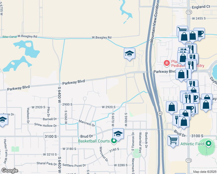 map of restaurants, bars, coffee shops, grocery stores, and more near 6099 West McLaren Lane in West Valley City