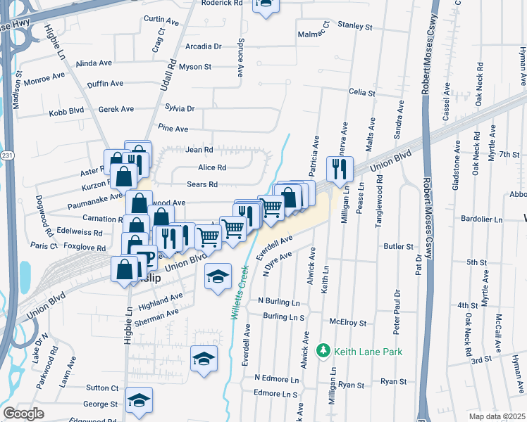map of restaurants, bars, coffee shops, grocery stores, and more near 170 Sears Road in West Islip