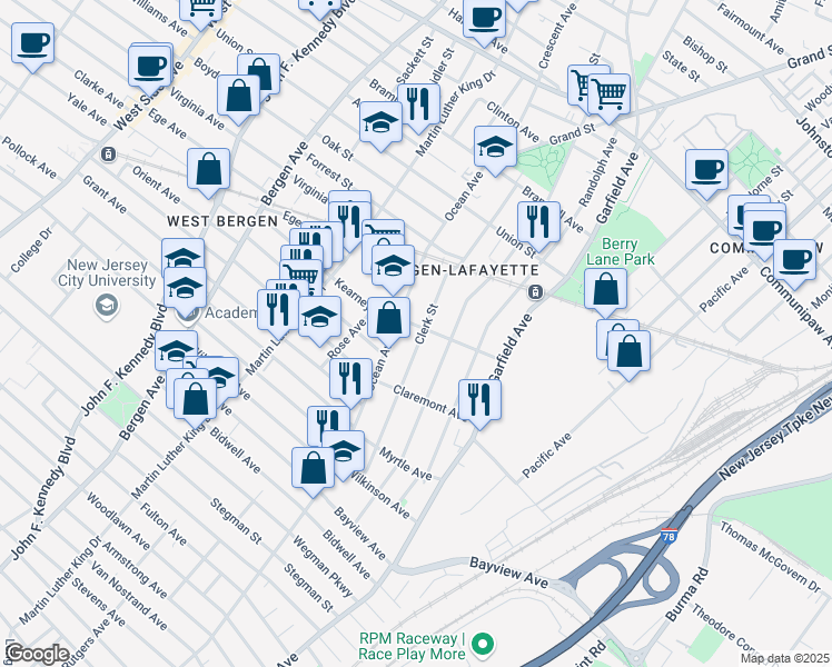 map of restaurants, bars, coffee shops, grocery stores, and more near 700 Ocean Avenue in Jersey City