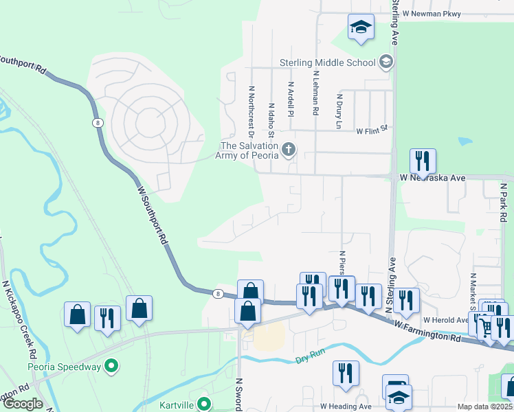 map of restaurants, bars, coffee shops, grocery stores, and more near 1615 North Great Oak Road in Peoria