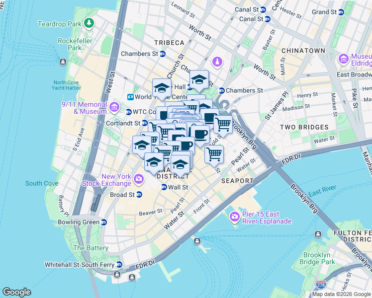 map of restaurants, bars, coffee shops, grocery stores, and more near 123 William Street in New York