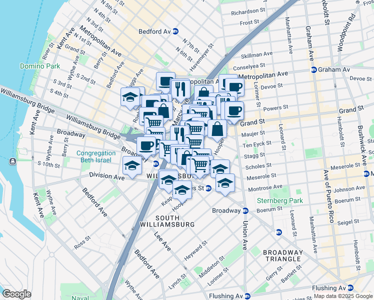 map of restaurants, bars, coffee shops, grocery stores, and more near 325 South 3rd Street in Brooklyn