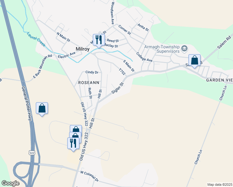 map of restaurants, bars, coffee shops, grocery stores, and more near 214 Sigler Street in Milroy