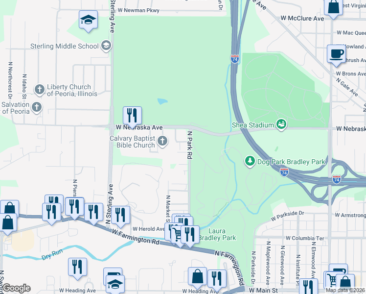 map of restaurants, bars, coffee shops, grocery stores, and more near 2100 West Otley Road in West Peoria