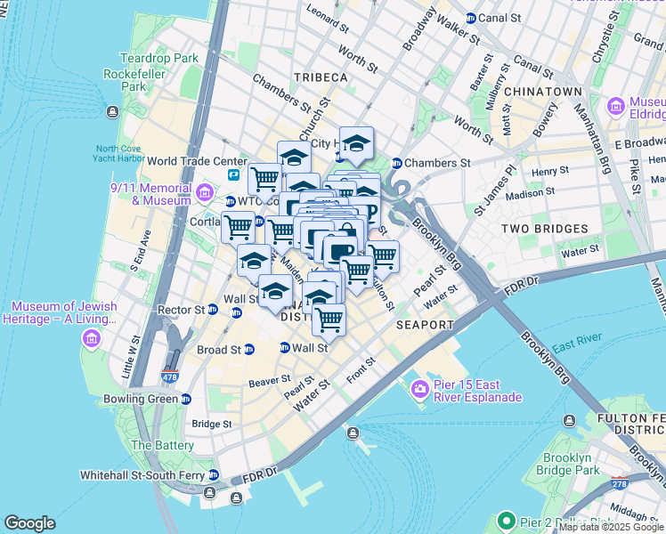 map of restaurants, bars, coffee shops, grocery stores, and more near 123 William Street in New York
