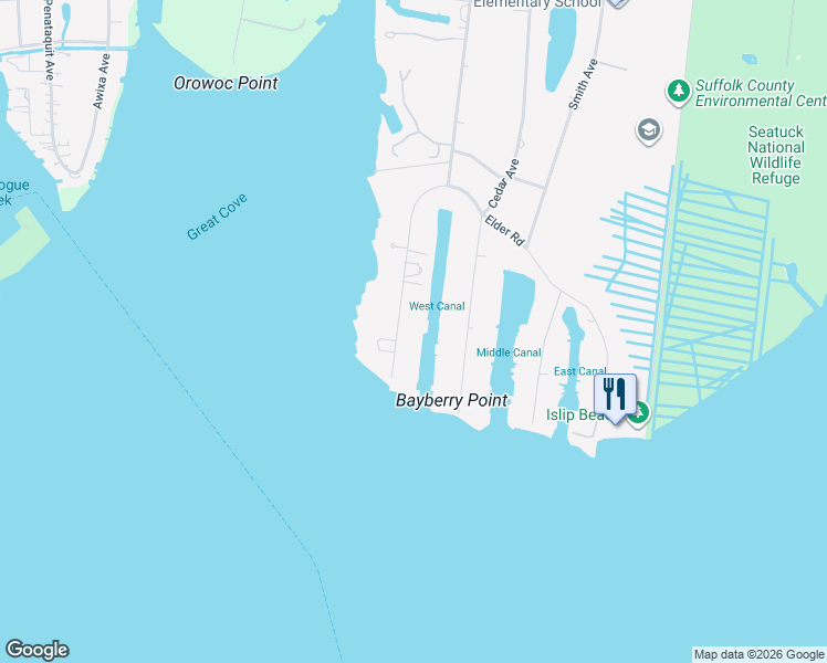 map of restaurants, bars, coffee shops, grocery stores, and more near 127 West Bayberry Road in Islip