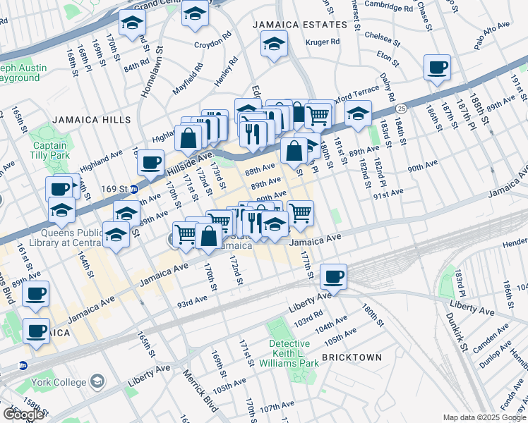 map of restaurants, bars, coffee shops, grocery stores, and more near 90-23 175th Street in Queens