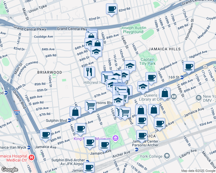 map of restaurants, bars, coffee shops, grocery stores, and more near 37 Parsons Boulevard in Queens