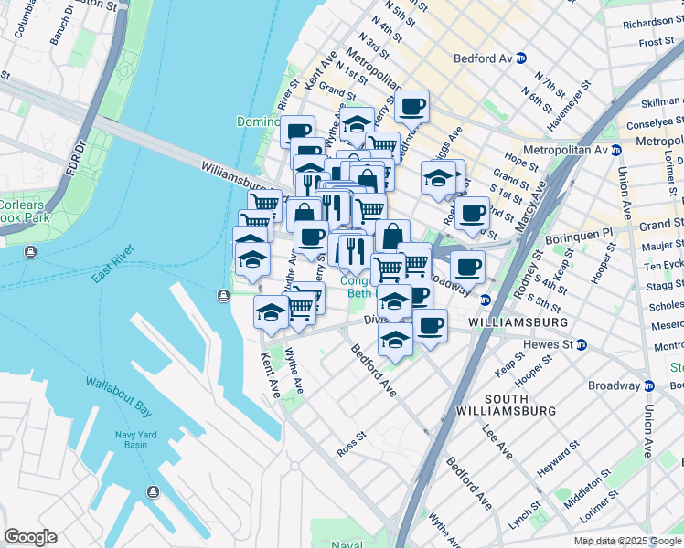map of restaurants, bars, coffee shops, grocery stores, and more near 101 South 8th Street in Brooklyn