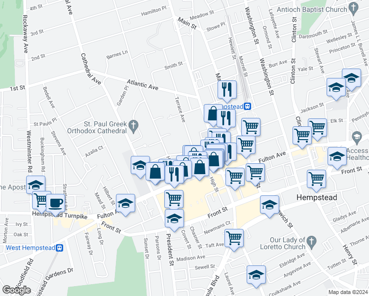 map of restaurants, bars, coffee shops, grocery stores, and more near 45 Jackson Street in Hempstead