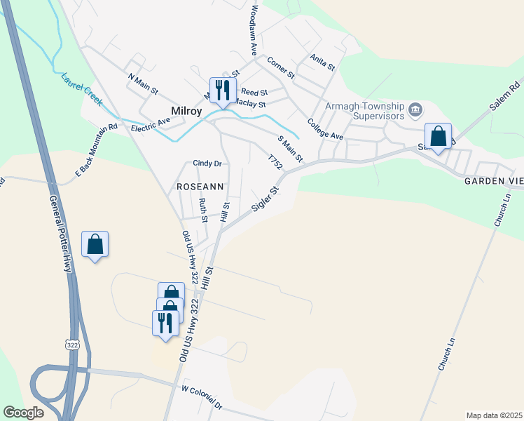 map of restaurants, bars, coffee shops, grocery stores, and more near 214 Sigler Street in Milroy
