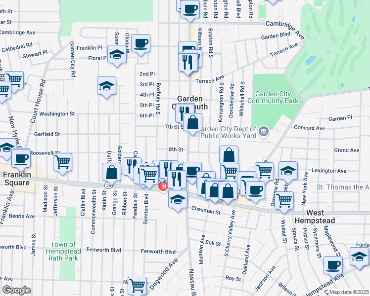 map of restaurants, bars, coffee shops, grocery stores, and more near 125 Euston Road South in West Hempstead