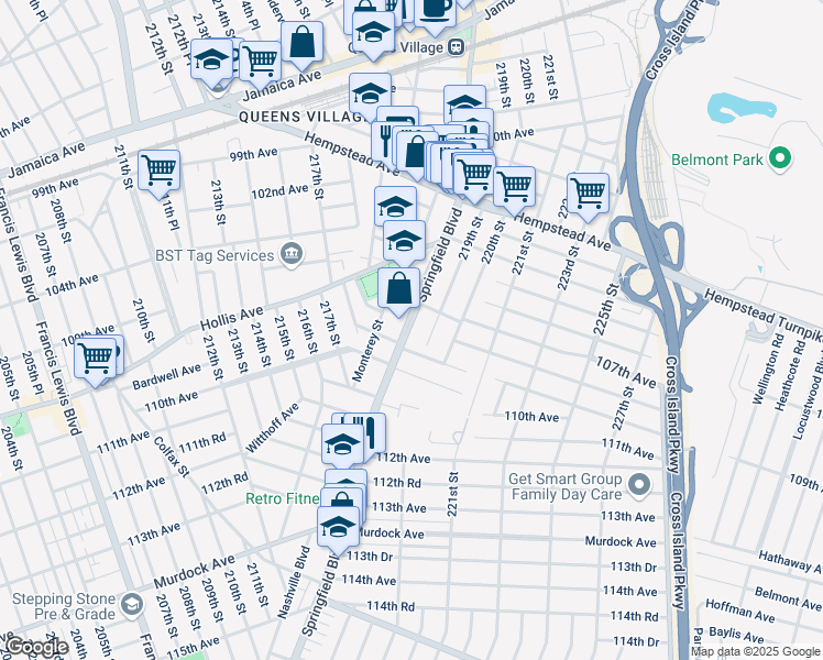 map of restaurants, bars, coffee shops, grocery stores, and more near 104-71 Springfield Boulevard in Queens