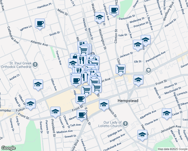 map of restaurants, bars, coffee shops, grocery stores, and more near 62 Nichols Court in Hempstead