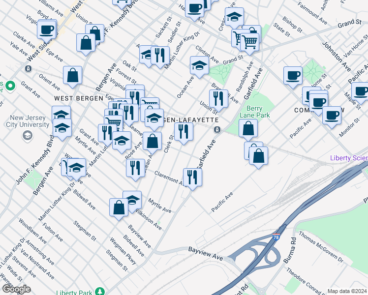 map of restaurants, bars, coffee shops, grocery stores, and more near 214 Arlington Avenue in Jersey City