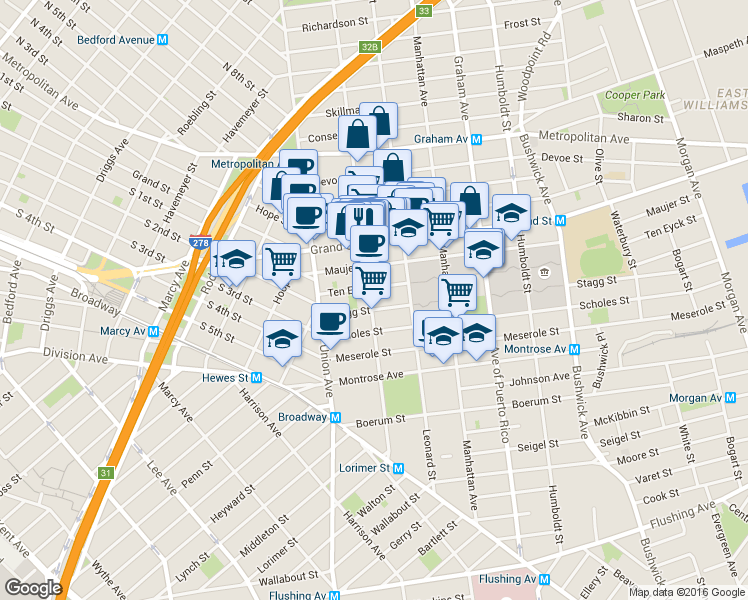 map of restaurants, bars, coffee shops, grocery stores, and more near in Brooklyn