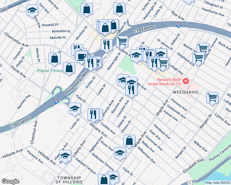 map of restaurants, bars, coffee shops, grocery stores, and more near 51 Summit Avenue in Newark