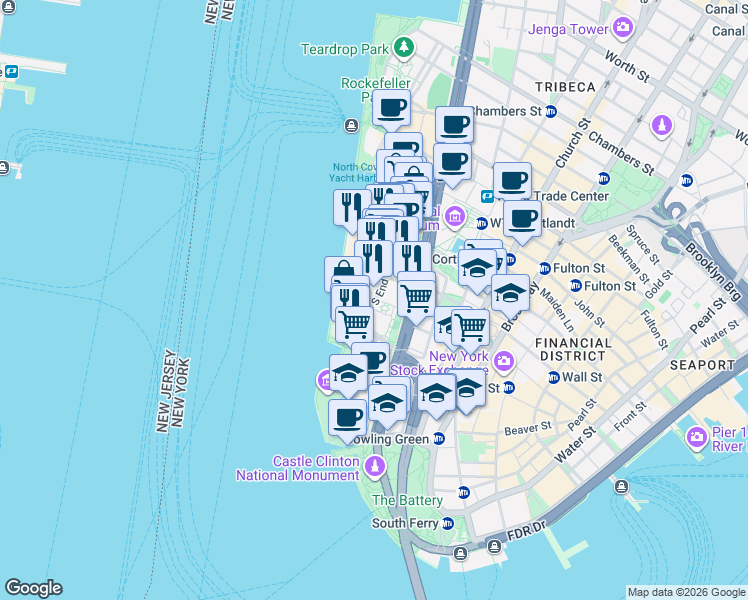 map of restaurants, bars, coffee shops, grocery stores, and more near 380 Rector Place in New York