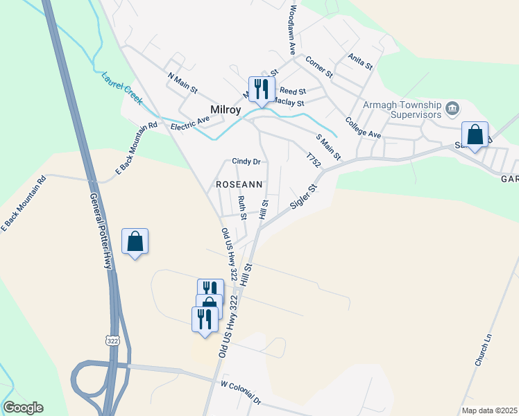 map of restaurants, bars, coffee shops, grocery stores, and more near 9 Virginia Avenue in Milroy