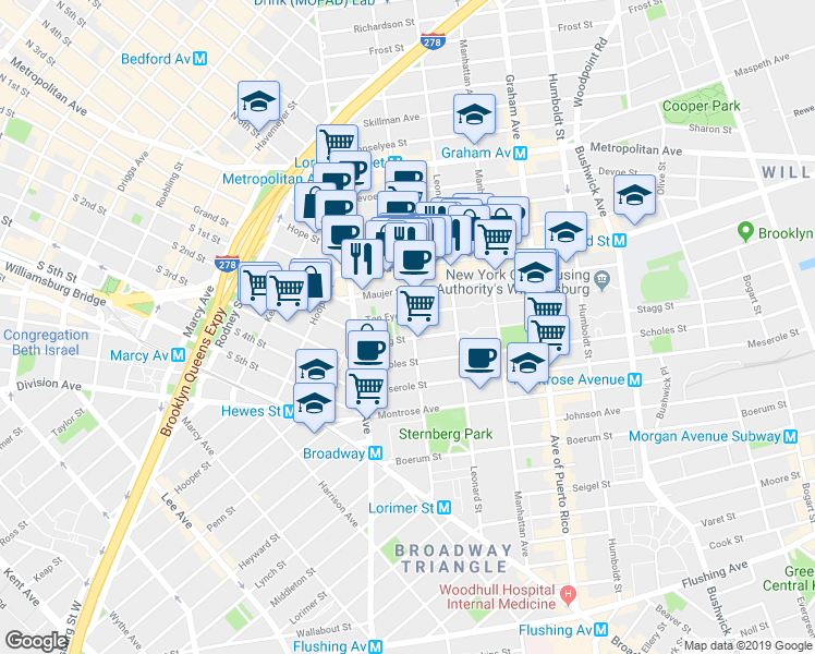 map of restaurants, bars, coffee shops, grocery stores, and more near 417 Lorimer Street in Brooklyn