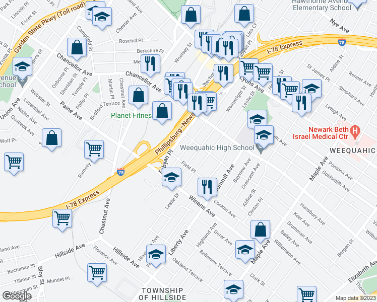 map of restaurants, bars, coffee shops, grocery stores, and more near 360 Schley Street in Newark