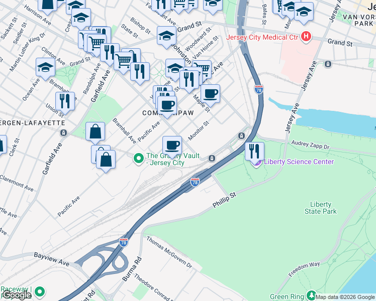 map of restaurants, bars, coffee shops, grocery stores, and more near 328 Communipaw Avenue in Jersey City