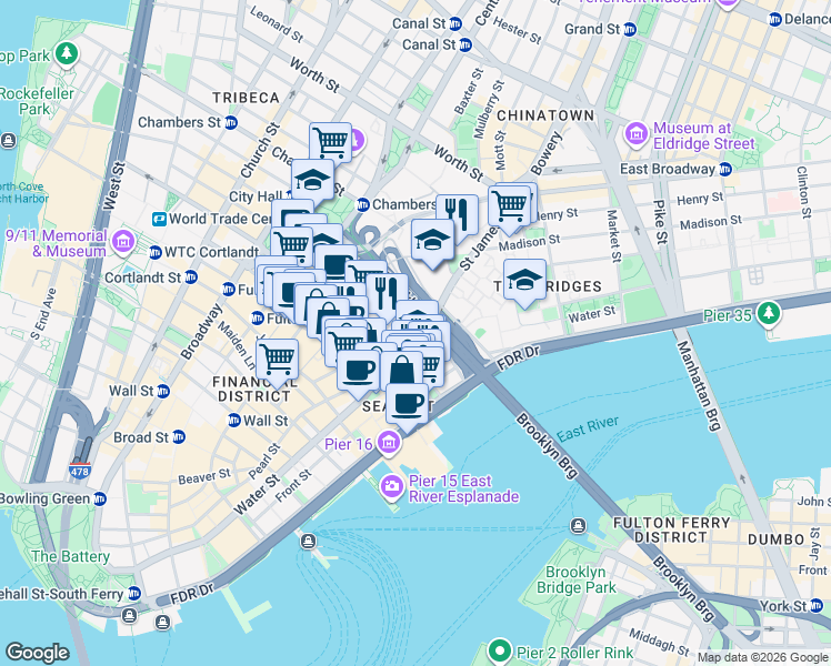map of restaurants, bars, coffee shops, grocery stores, and more near 333 Pearl Street in New York