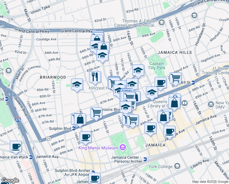 map of restaurants, bars, coffee shops, grocery stores, and more near 37 Parsons Boulevard in Queens