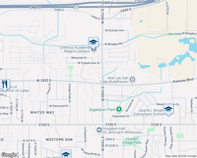 map of restaurants, bars, coffee shops, grocery stores, and more near in Magna