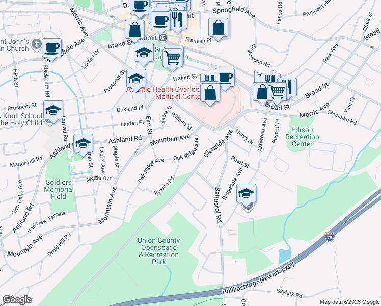 map of restaurants, bars, coffee shops, grocery stores, and more near 19 Oakridge Avenue in Summit