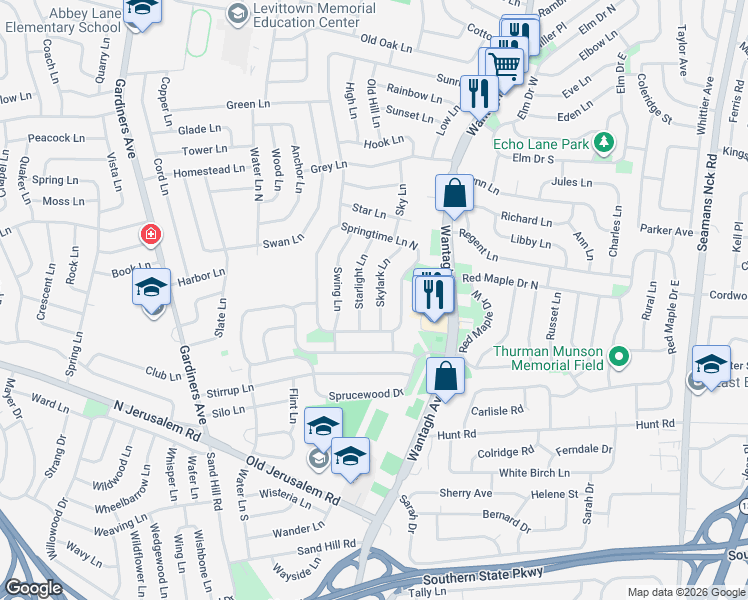 map of restaurants, bars, coffee shops, grocery stores, and more near 30 Starlight Lane in Levittown