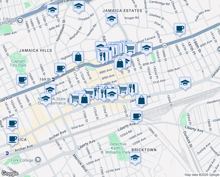 map of restaurants, bars, coffee shops, grocery stores, and more near 90-01 176th Street in Queens