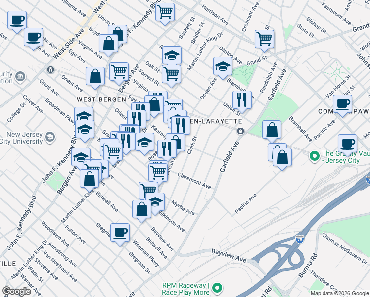 map of restaurants, bars, coffee shops, grocery stores, and more near 700 Ocean Avenue in Jersey City