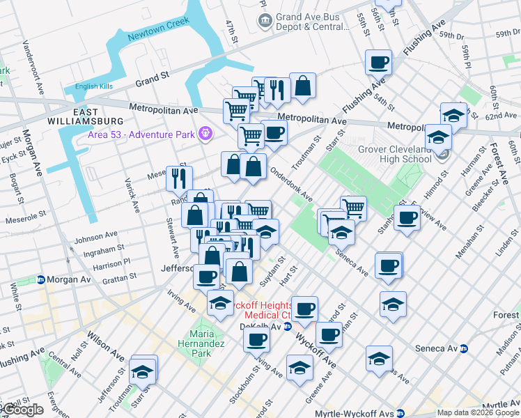 map of restaurants, bars, coffee shops, grocery stores, and more near 17-17 Troutman Street in Queens
