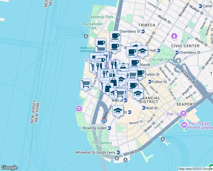 map of restaurants, bars, coffee shops, grocery stores, and more near 90 West Street in New York
